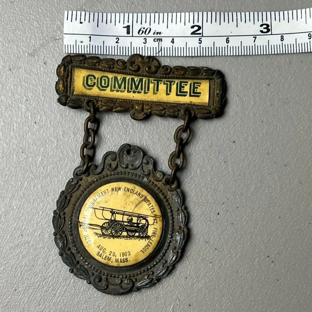 Antique 1903 New England Fire‎ League 13th Annual Tournament Committee Pin Badge